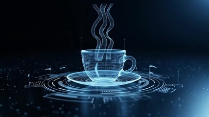 Abstract digital rendering of a steaming coffee cup, showcasing data visualization and technology, representing coffee, data, and innovation against a dark background - Powered by Adobe