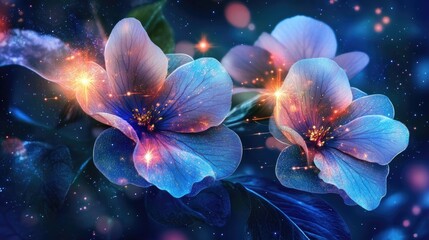 Enchanting Luminous Blue Flowers with Sparkling Light Effects.