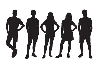 Obraz premium Diverse group of people silhouettes standing together in casual attire for stock photography white background