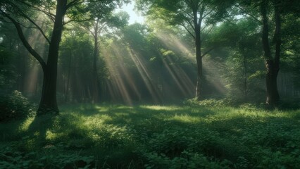 Fototapeta premium Sunlight streams through a dense forest