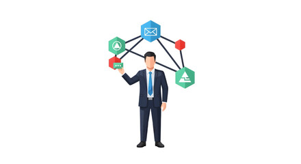 Businessman presenting a complex network of interconnected hexagonal nodes.