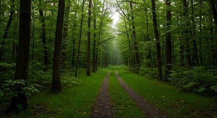 Obraz premium Sunlit Path Through a Lush Green Forest.