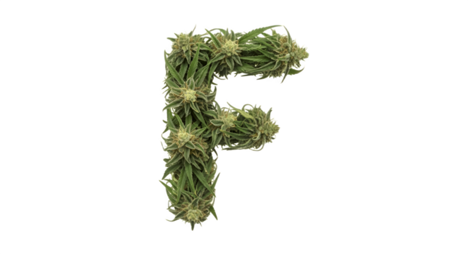 Cannabis letter F made of green marijuana buds on white background.
