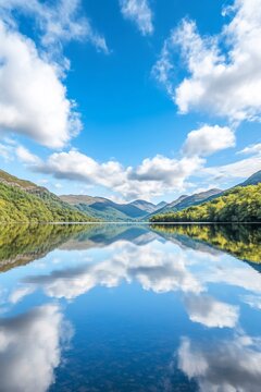 Serene Loch Katrine: Sky Reflections Mirroring Scotland's Tranquil Landscape