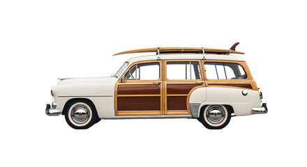 Classic white woody station wagon with surfboards on roof rack.