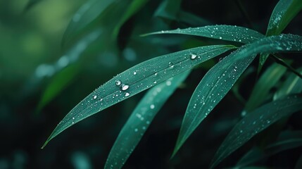 Fototapeta premium Lush Green Leaves with Raindrops in a Serene Natural Setting.