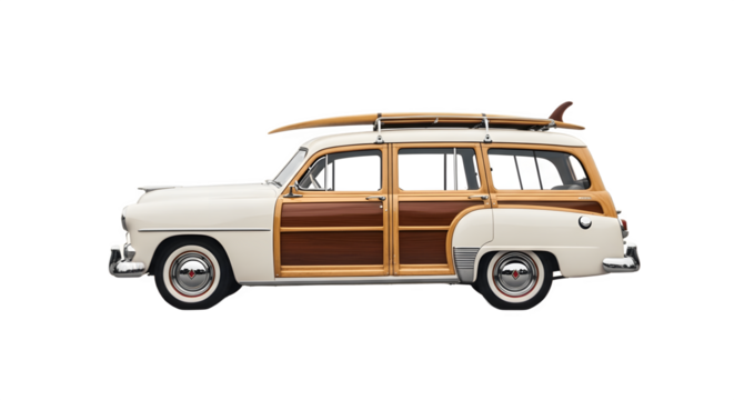 Classic white woody station wagon with surfboards on roof rack.