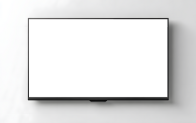 Modern flat screen television with blank black display mounted on a white wall, mockup