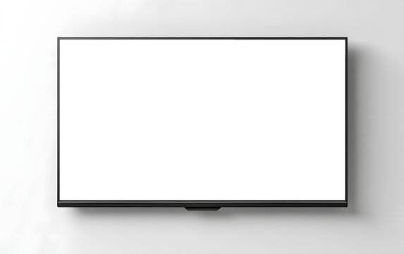 Modern flat screen television with blank black display mounted on a white wall, mockup