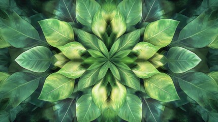 Symmetrical Green Leaf Pattern Kaleidoscope Abstract Background.