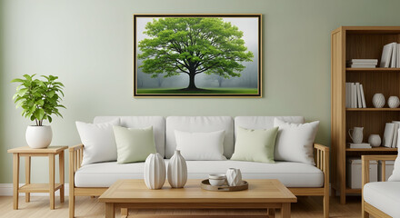 Serene living room interior with a framed tree landscape art piece above a white sofa creating a calming and natureinspired atmosphere in the home