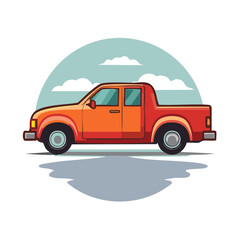 Illustration of orange and red pickup truck with stylized clouds in background for automotive or transport concept.