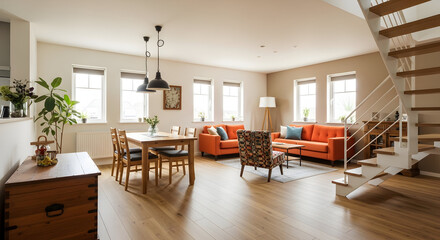 Bright and airy living room with orange sofas wooden table and staircase in a modern home interior design showcasing comfort and style for family living