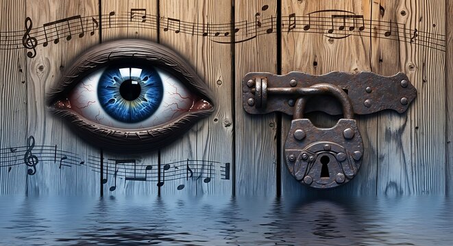 The Eye of Music Locked Behind a Padlock on a Wooden Door with Musical Notes.