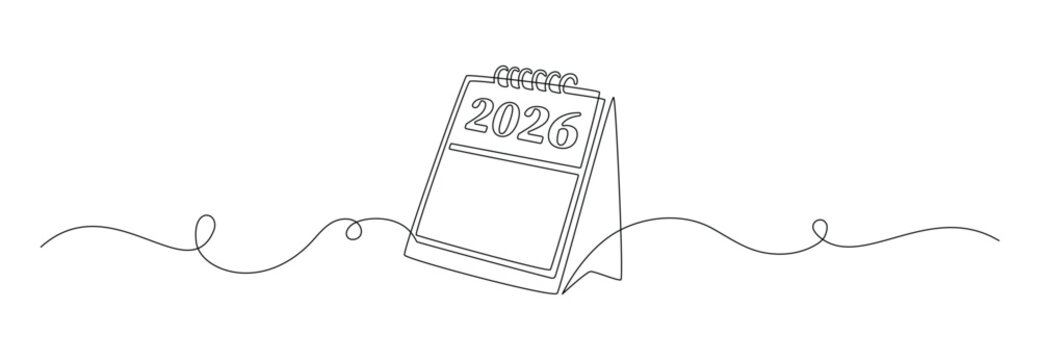 Loose-leaf calendar 2026 in one continuous line drawing. Symbol of memorable date and event day in simple linear style. Time planer concept in Editable stroke. Doodle outline vector illustration