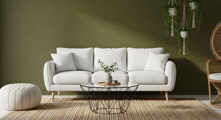 Modern living room interior with white sofa coffee table plants and olive green wall creating a cozy and stylish home environment for relaxation