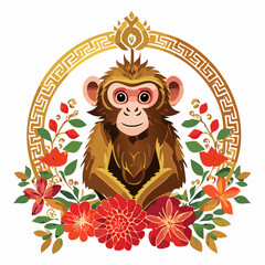 A decorative vector illustration of a monkey  with floral and ornamental patterns. Perfect for Chinese zodiac designs, New Year greetings, posters, and decorative artwork.