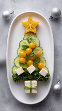 Christmas tree appetizer with vegetables and cheese on plate