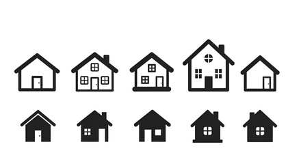 Fototapeta premium Minimalist house icons arranged in a row with simple design, showing different shapes and window variations.