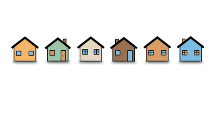 Fototapeta premium Minimalist house icons arranged in a row with simple design, showing different shapes and window variations.