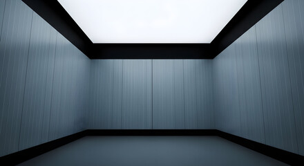 Minimalist interior with blue paneled walls and a bright ceiling light creating a modern and serene architectural space for contemplation