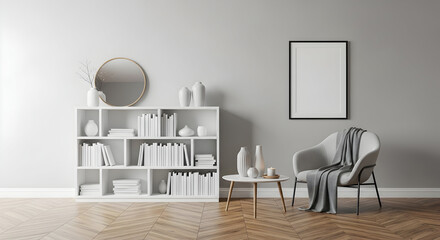 Minimalist interior with white bookshelf round mirror vases books armchair blanket side table and blank frame on a gray wall creating a serene space