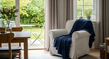 Cozy armchair with a blue blanket in a bright living room overlooking a garden creating a peaceful and inviting atmosphere for relaxation