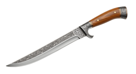 Exquisite hunting knife with wooden handle and intricate blade design.