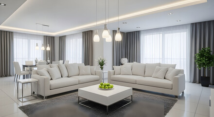 Bright and airy modern living room with neutral tones and minimalist design showcasing elegant sofas and a stylish coffee table for a serene atmosphere