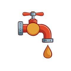 Dripping red water faucet with a single drop cartoon vector illustration