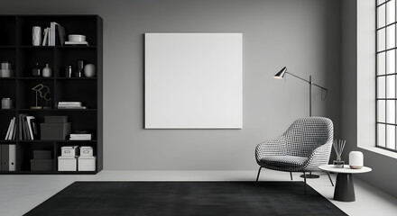 Minimalist interior with blank canvas above patterned chair bookshelf and modern lamp in a grey room showcasing contemporary design and simple elegance