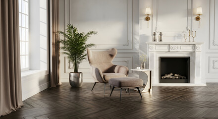 Elegant living room interior with armchair fireplace and herringbone wood floor creating a cozy and luxurious atmosphere for relaxation and comfort