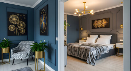 Elegant bedroom and sitting room showcase modern interior design with stylish furniture and decor in a luxury home