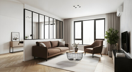 Modern living room interior with brown sofa armchair and decorative elements creating a cozy and stylish home environment for relaxation and comfort