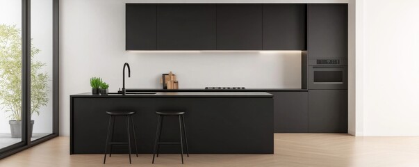 Sleek Black Kitchen Interior with Island, Modern Stools and Wood Floor, minimalist, design