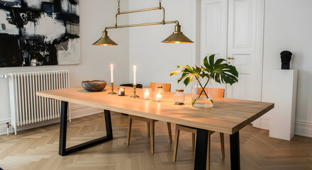 Modern dining room with wooden table candles monstera plant and stylish lighting creates a warm and inviting atmosphere for gatherings and meals
