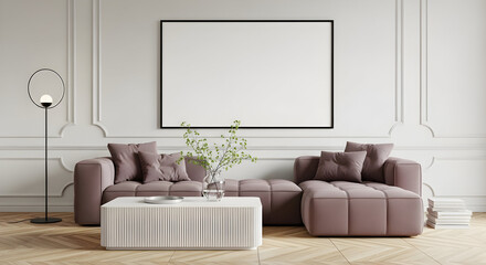 Elegant living room with a mauve sectional sofa white coffee table and blank frame on the wall displaying modern interior design and home decor ideas