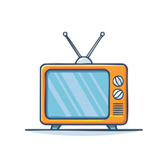 Retro orange television with antennas and two knobs displaying a blue screen and grill