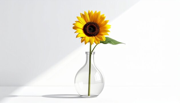 Vibrant Sunflower in Glass Vase with Sunlight Shadow on Clean White Background - Powered by Adobe