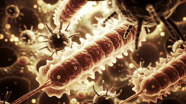 Magnified Colony of Microorganisms Thriving Under Warm Lighting Microbiology Concept with Detailed Microscopic Structures Study of Protozoa and Scientific Research Backdrop 199 Characters