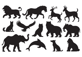 Collection of diverse animal silhouettes featuring wildlife mammals birds and marine life white background