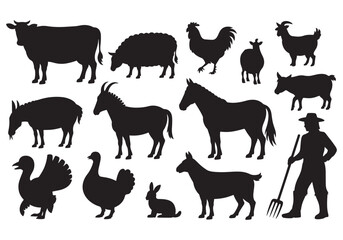 Fototapeta premium Diverse collection of farm animal silhouettes farmer with pitchfork isolated on white white background