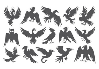 Obraz premium Collection of silhouette birds of prey and mythical creatures flying and perched diverse designs white background