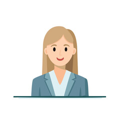 Flat illustration of a smiling young professional woman with blonde hair wearing a blue suit and light blue blouse