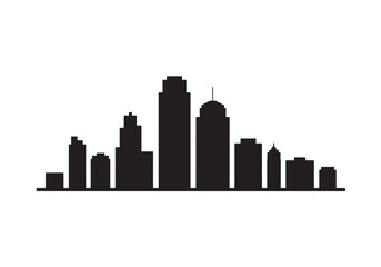 Dynamic cityscape silhouette of modern skyscrapers and buildings at sunrise or sunset white background