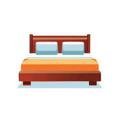 Illustration of a cozy bed with pillows, orange cover and wooden frame.