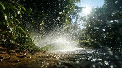 Water spraying through forest path
