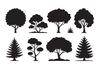 Collection of diverse tree silhouettes perfect for nature landscapes and artistic design elements white background