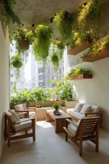 Modern Patio Design With Hanging Plants And City View