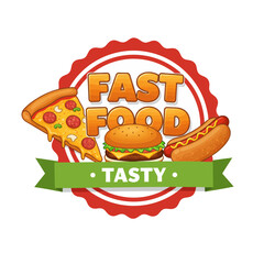 Colorful fast food logo featuring a slice of pizza, a burger, and a hot dog, with text.